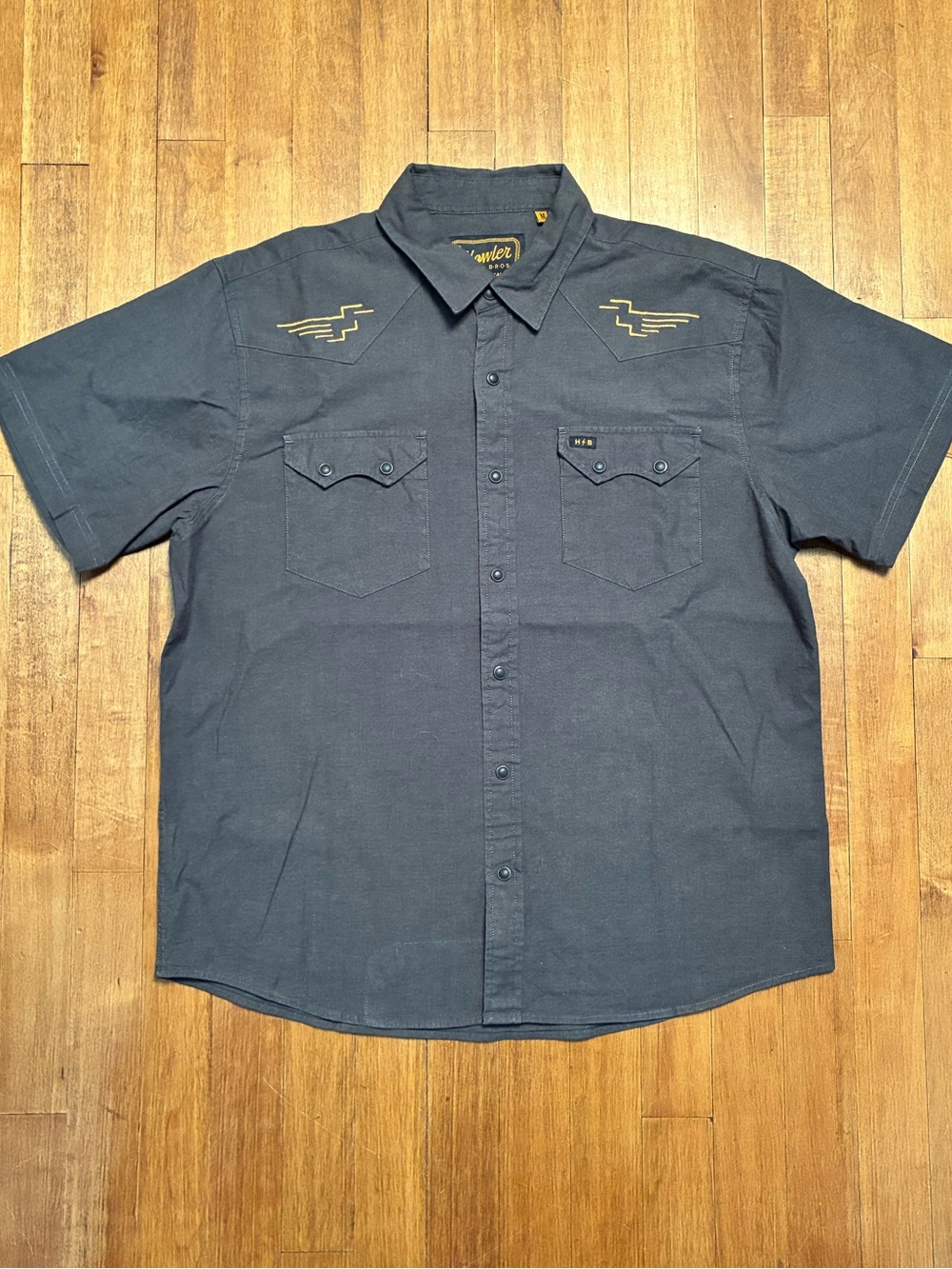 Howler Brothers Short-Sleeve Button-Down Shirt in Charcoal with Gold Embroidery